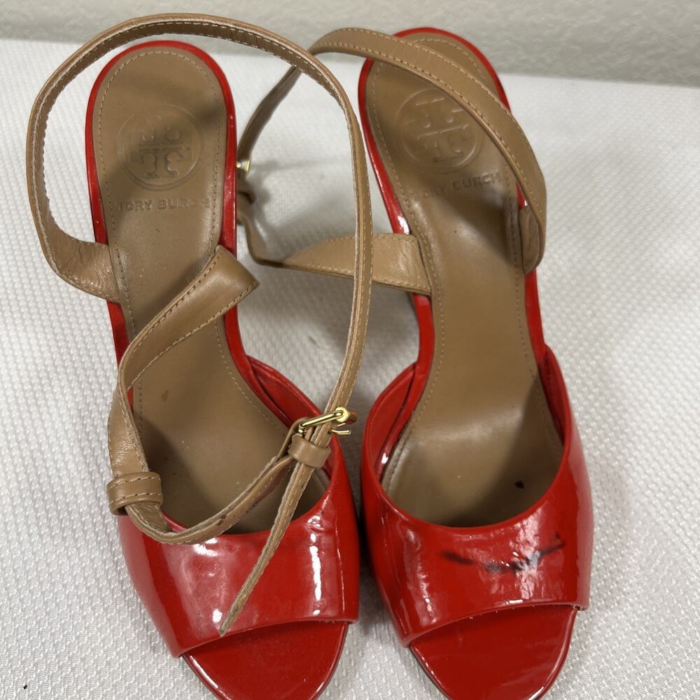 Tory Burch Red Patent Leather Cork Wedge‎ Ankle Strap Peep Toe Sandals size 7 M